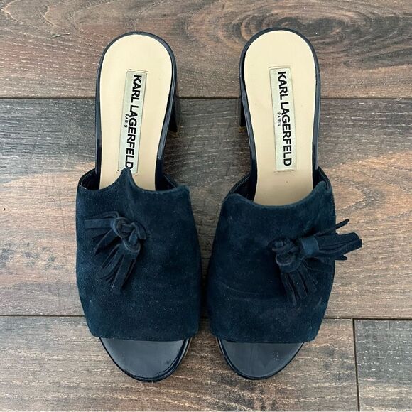 Karl Lagerfeld Paris Blue Suede Hettie Tassel Slip On Mule Heel Size 5.5 - Picture 10 of 12